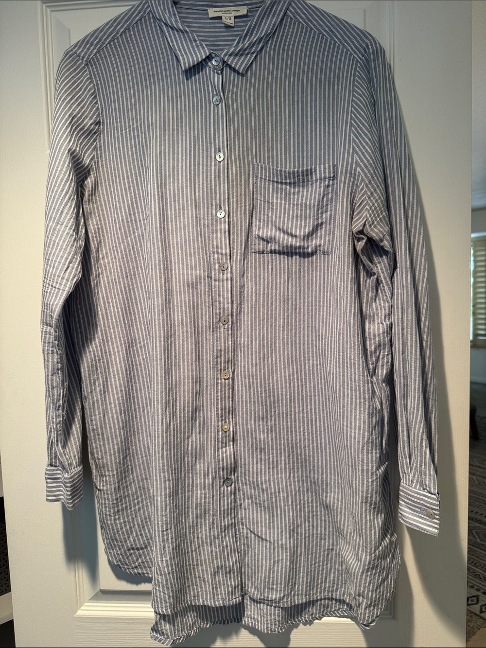 Blue Stripe Button-Up Cotton Shirt/Tunic - Casual Women’s Shirt, Large